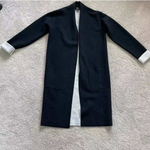 THEORY Open Front Double Face Wool Blend Long Cardigan In Black (Size P) - Picture 4 of 7